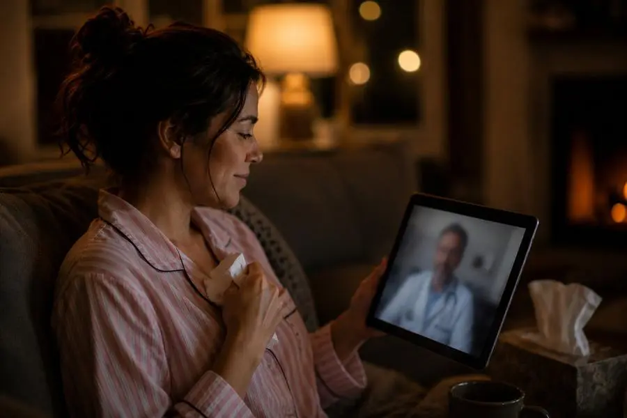 Woman having a telehealth video visit with a doctor on a tablet